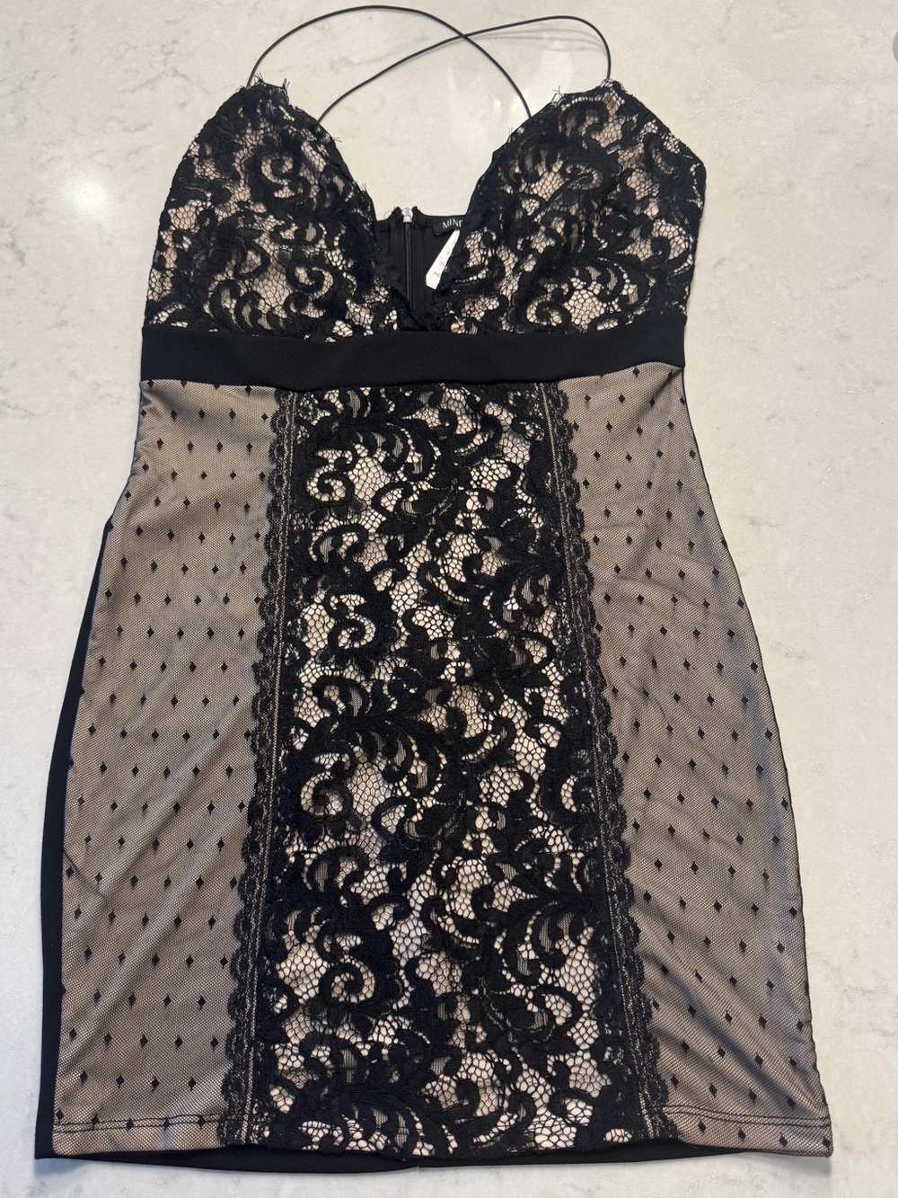 Mind Code Black Lace Overlay Nude Mini Dress